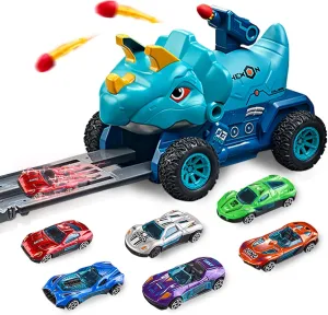Dinosaur Toys for Kids 3 4 5 6 7 8 Years Old Boy Toddler, Foldable Track with 6 Die-Cast Metal Toy Cars and Missile Launcher, Suitable for Kids Boy Birthday Gift