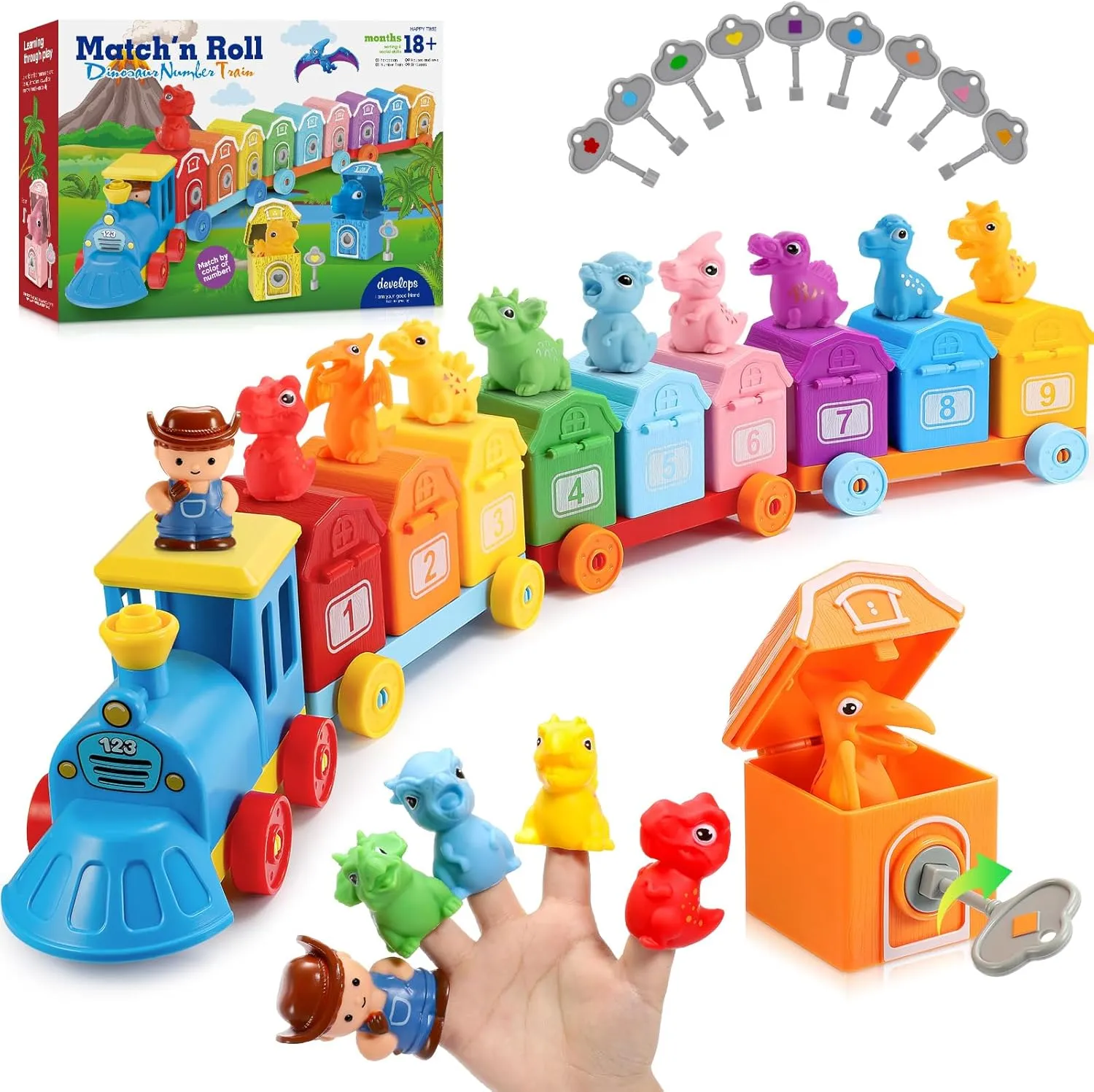 Dinosaur Train Matching Toys with Locks & Keys| STEM Learning Toy for Toddler Kids 2 3 4 5 Year Old Boys Gifts| Counting & Sorting Montessori Dino Trains Set, Boy Girl Birthday Gift Ages 2-4 3-5