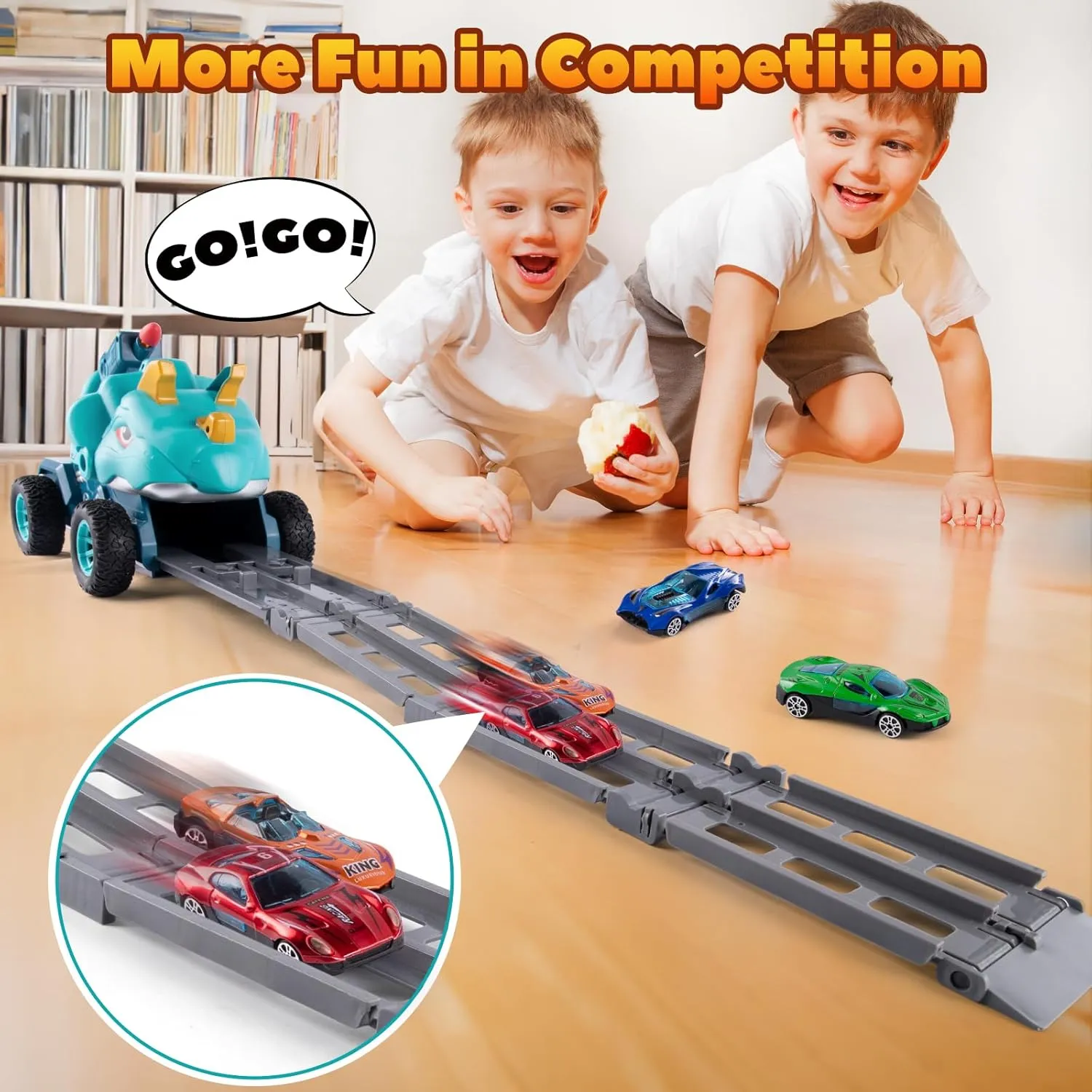 Dinosaur Truck Toys for 2 3 4 5 Year Old Boy with 6 Die-Cast Metal Toy Cars, Gifts for 2 3 4 5 Year Old Boys, Foldable Track & Missile Launcher, Birthday Gift Idea for Toys for Ages 2-4