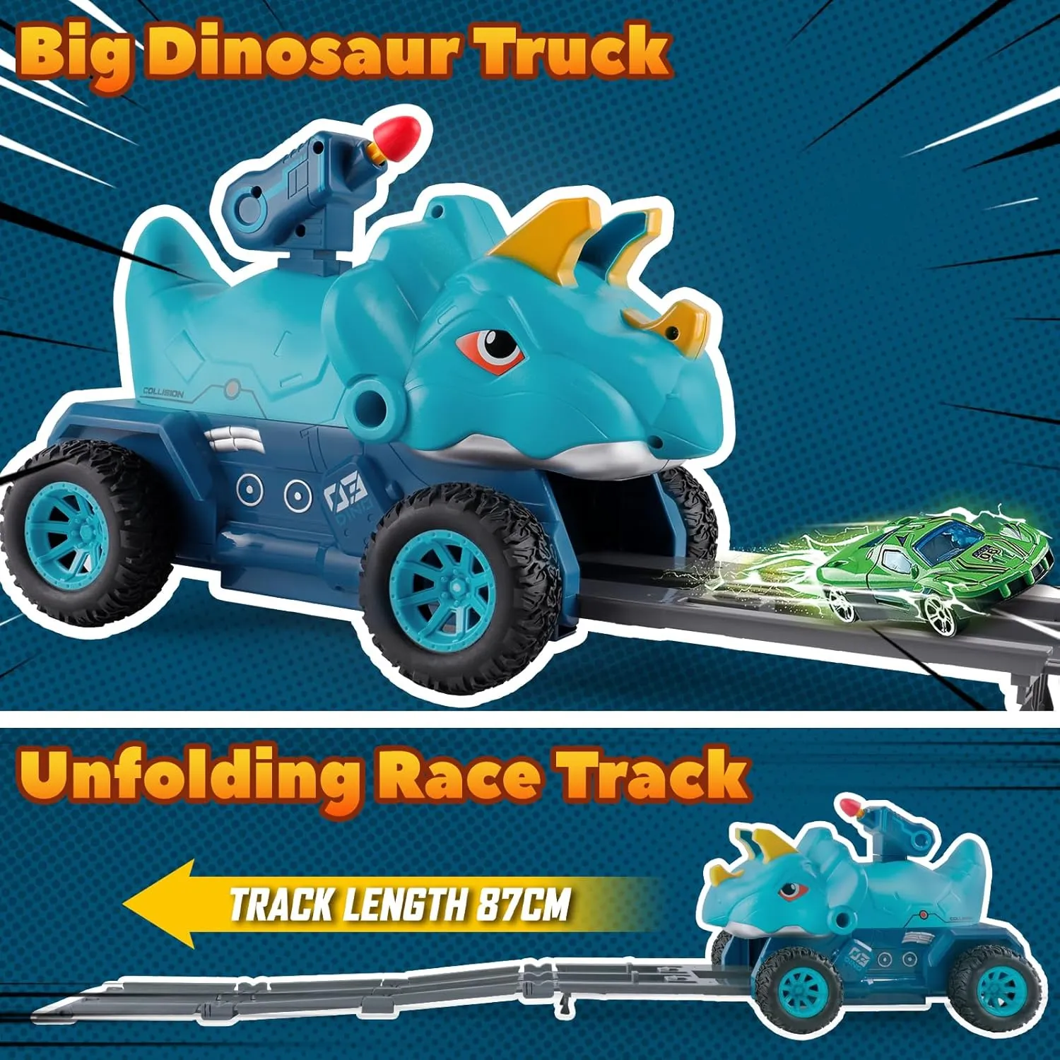 Dinosaur Truck Toys for 2 3 4 5 Year Old Boy with 6 Die-Cast Metal Toy Cars, Gifts for 2 3 4 5 Year Old Boys, Foldable Track & Missile Launcher, Birthday Gift Idea for Toys for Ages 2-4