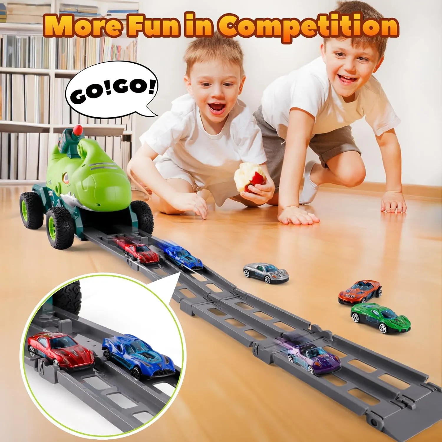 Dinosaur Truck Toys for 2 3 4 5 Year Old Boy with 6 Die-Cast Metal Toy Cars, Gifts for 2 3 4 5 Year Old Boys, Foldable Track & Missile Launcher, Birthday Gift Idea for Toys for Ages 2-4