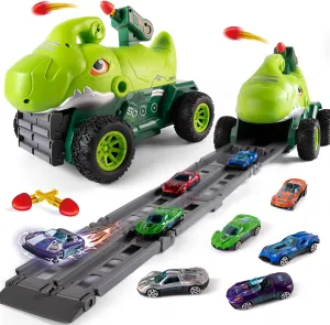 Dinosaur Truck Toys for 2 3 4 5 Year Old Boy with 6 Die-Cast Metal Toy Cars, Gifts for 2 3 4 5 Year Old Boys, Foldable Track & Missile Launcher, Birthday Gift Idea for Toys for Ages 2-4