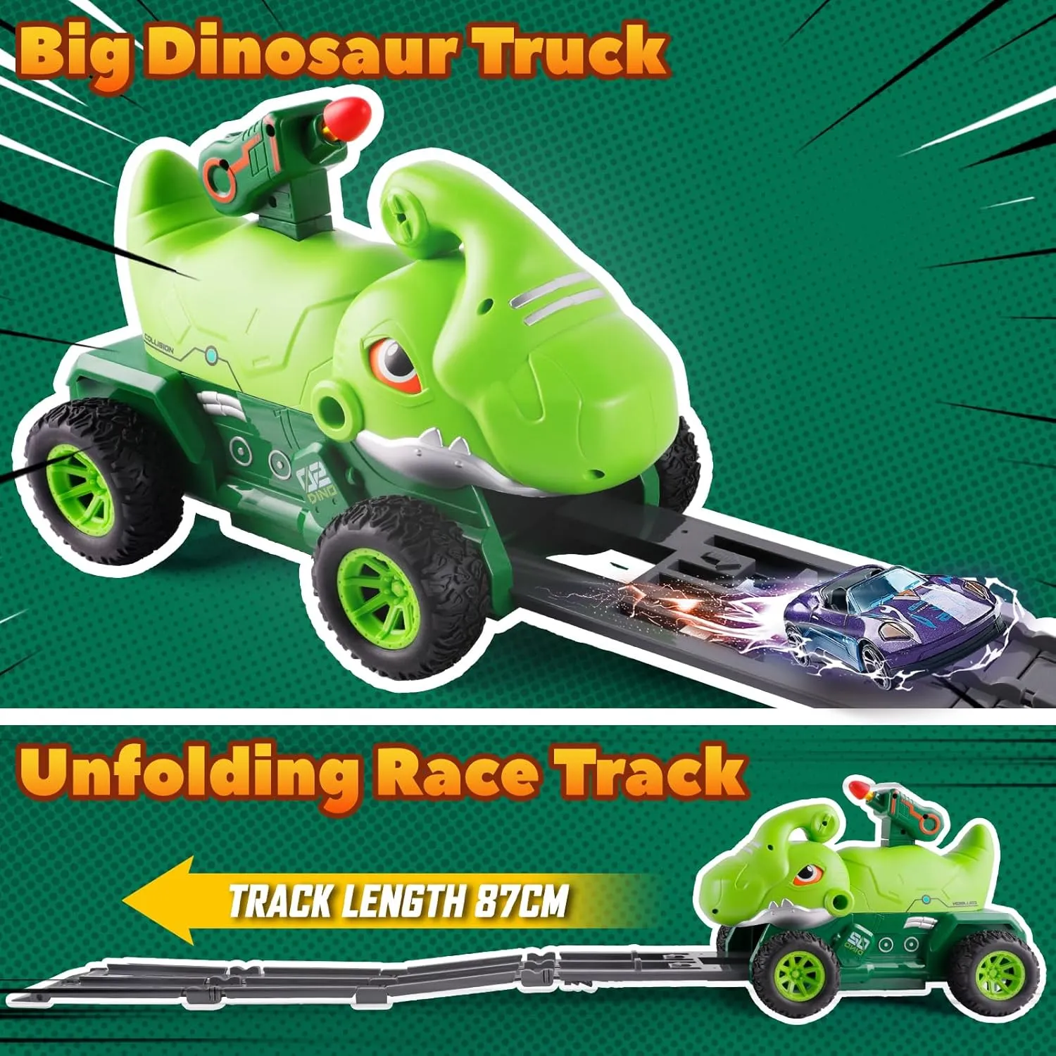 Dinosaur Truck Toys for 2 3 4 5 Year Old Boy with 6 Die-Cast Metal Toy Cars, Gifts for 2 3 4 5 Year Old Boys, Foldable Track & Missile Launcher, Birthday Gift Idea for Toys for Ages 2-4
