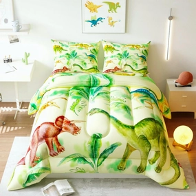 Dinosaur Comforter Set, Tropical Rainforest Green Pattern for Kids Teens Adults,Decorative Bedding Comforter Sets with 2 Pillow Shams, Twin Size