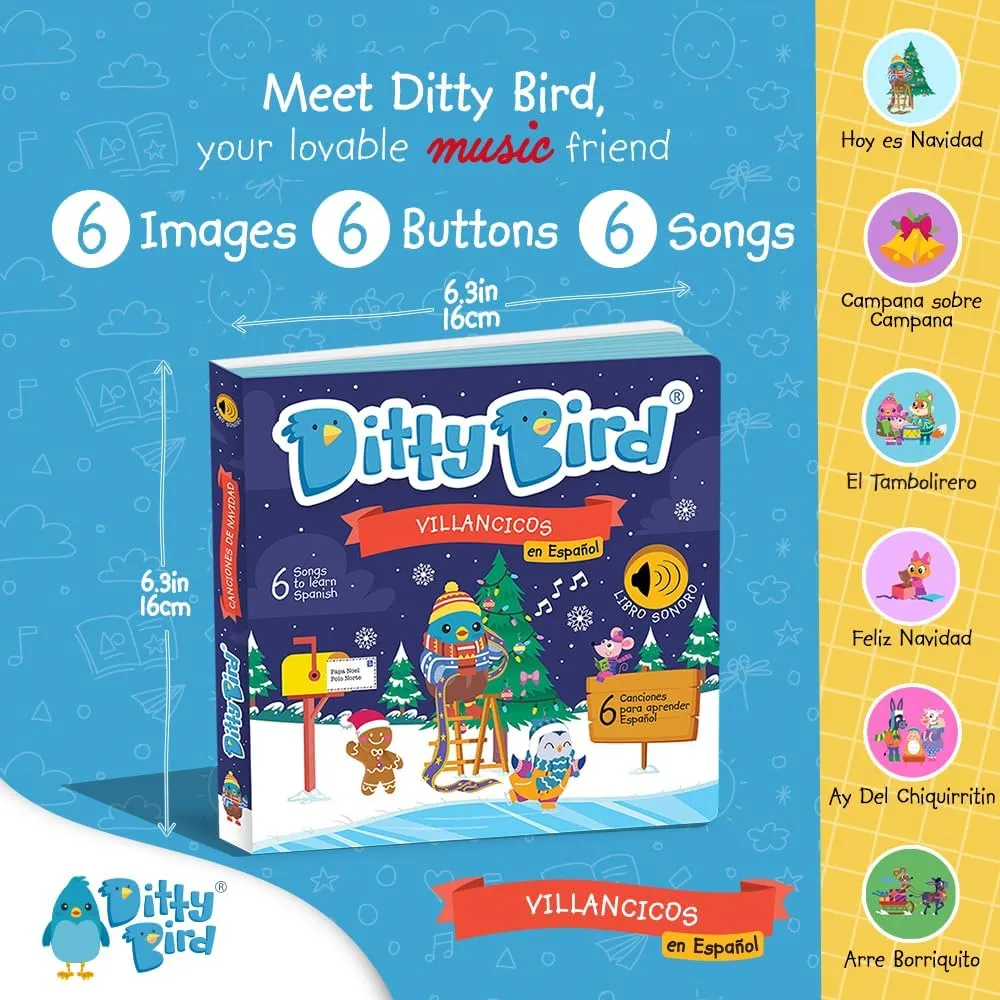 Ditty Bird Spanish Christmas Musical Book for Toddlers – Interactive Bilingual Sound Book with Jingle Bells & Holiday Songs for Babies 1-3 | Sturdy Baby Book & Xmas Music Toy