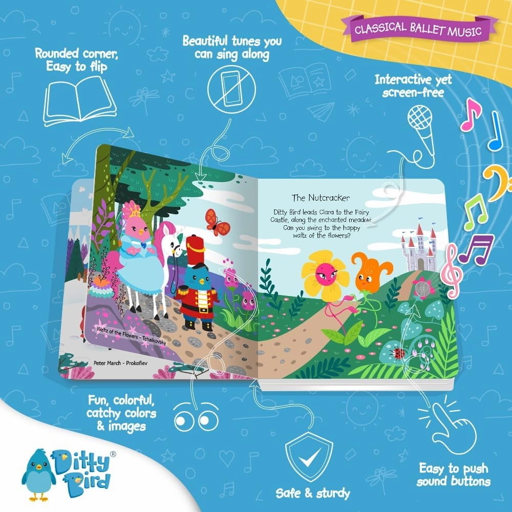 Ditty Bird Musical Books for Toddlers | Fun Classical Music & Nursery Rhyme Book | Ballet Musical Book | Children's Interactive Toddler Books for 1 Year Old to 3 Year Olds | Sturdy Baby Sound Books