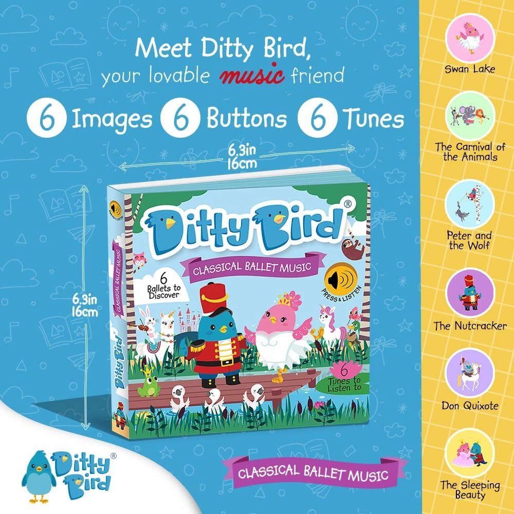 Ditty Bird Musical Books for Toddlers | Fun Classical Music & Nursery Rhyme Book | Ballet Musical Book | Children's Interactive Toddler Books for 1 Year Old to 3 Year Olds | Sturdy Baby Sound Books