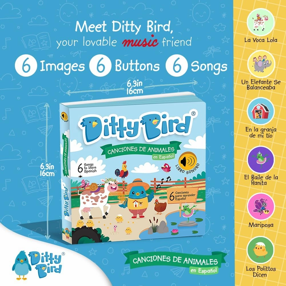 Ditty Bird Spanish Nursery Rhymes Book | Animal and Bedtime | Spanish Bilingual Musical Books for Toddler | Fun, Interactive Sound Books for Babies | Libro En Español para Bebés