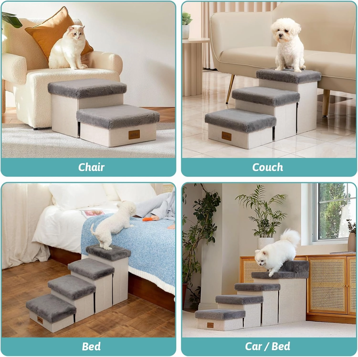 Dog Stair for Small Dogs with Storage, Foldable Pet Step with Soft Cover, Older Cat Ramp for Chair Couch Sofa, Lightweight, Durable, Comfort, 24.8x13x13.6 inch, 3 Tiers, Grey