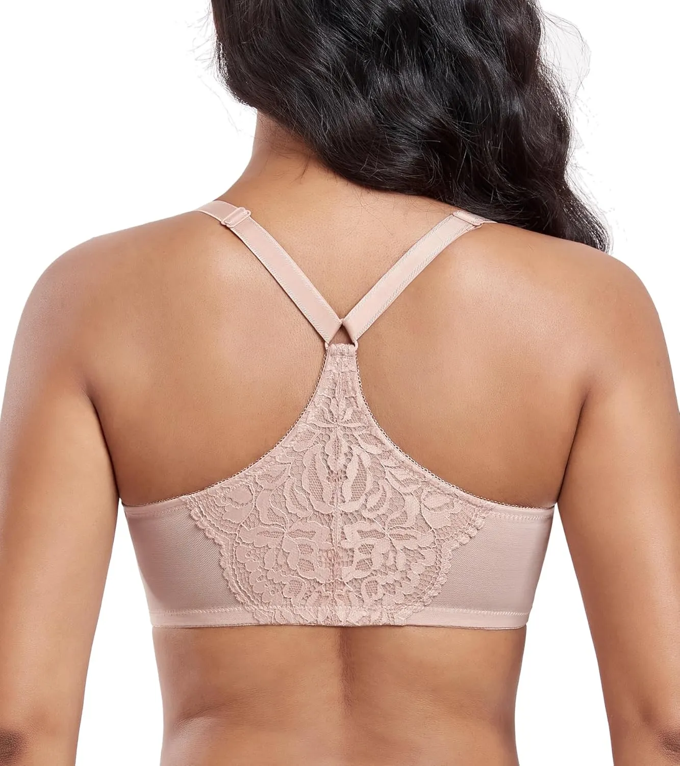 DotVol Women's Plus Size Flower Lace Front Closure T-Back Underwire Everyday Bra