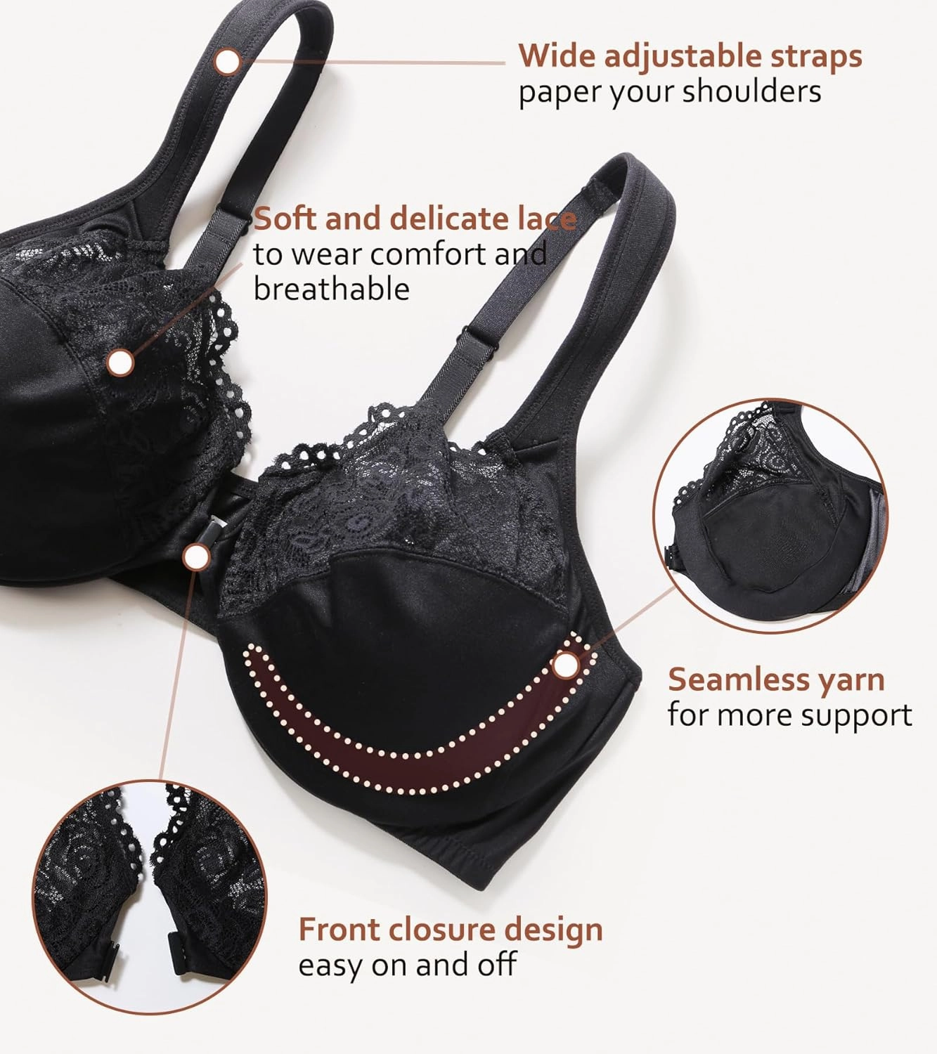 DotVol Women's Plus Size Front Closure U-Back Underwire Wide Strap Everyday Bra