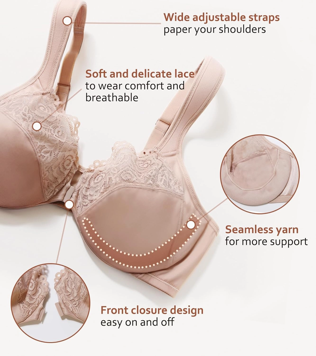 DotVol Women's Plus Size Front Closure U-Back Underwire Wide Strap Everyday Bra