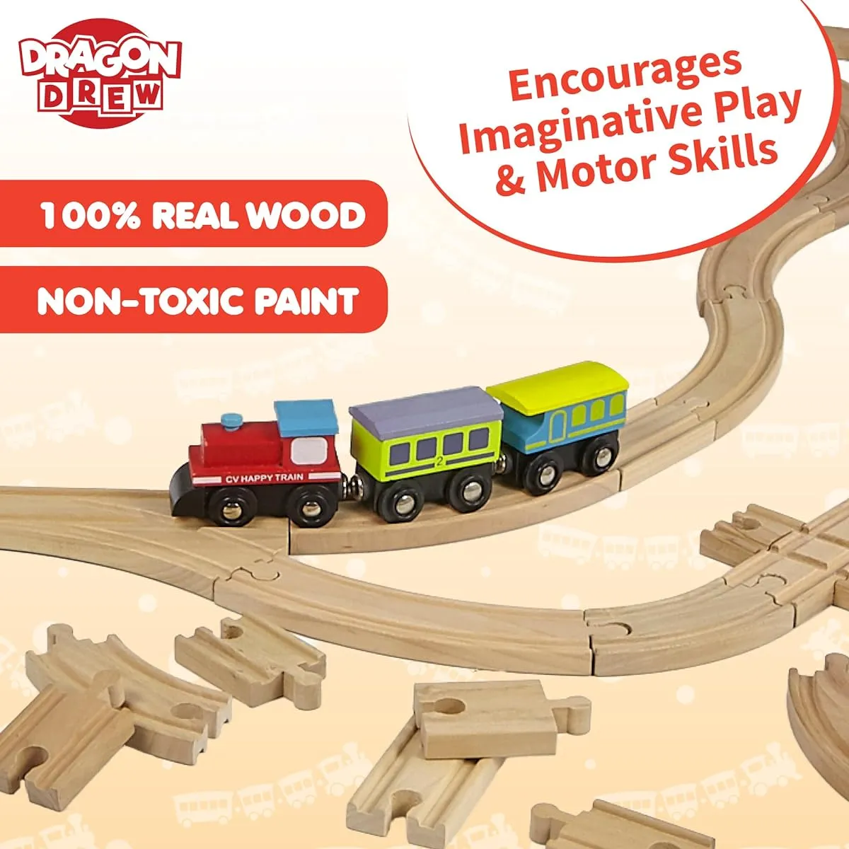Dragon Drew Wooden Toy Train Track | 65 Pieces | Railroad Tracks, Trains, Road Signs | Fits All Major Toy Brands