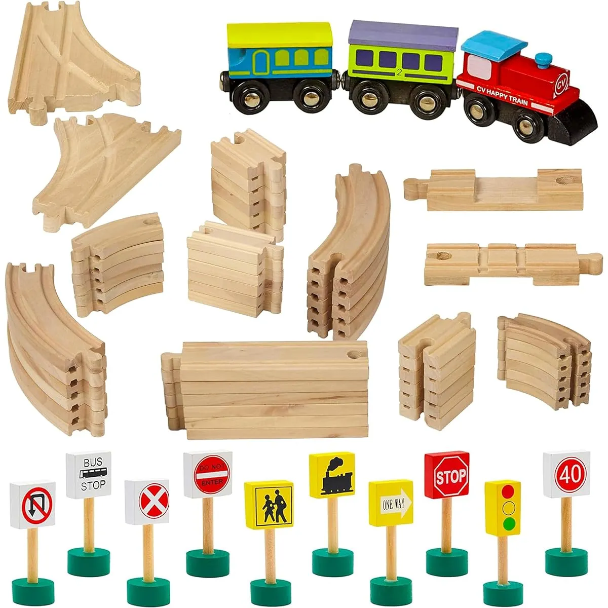 Dragon Drew Wooden Toy Train Track | 65 Pieces | Railroad Tracks, Trains, Road Signs | Fits All Major Toy Brands