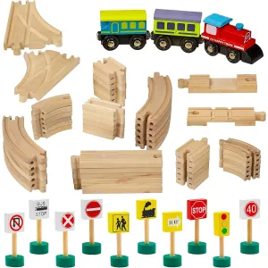 Dragon Drew Wooden Toy Train Track | 65 Pieces | Railroad Tracks, Trains, Road Signs | Fits All Major Toy Brands