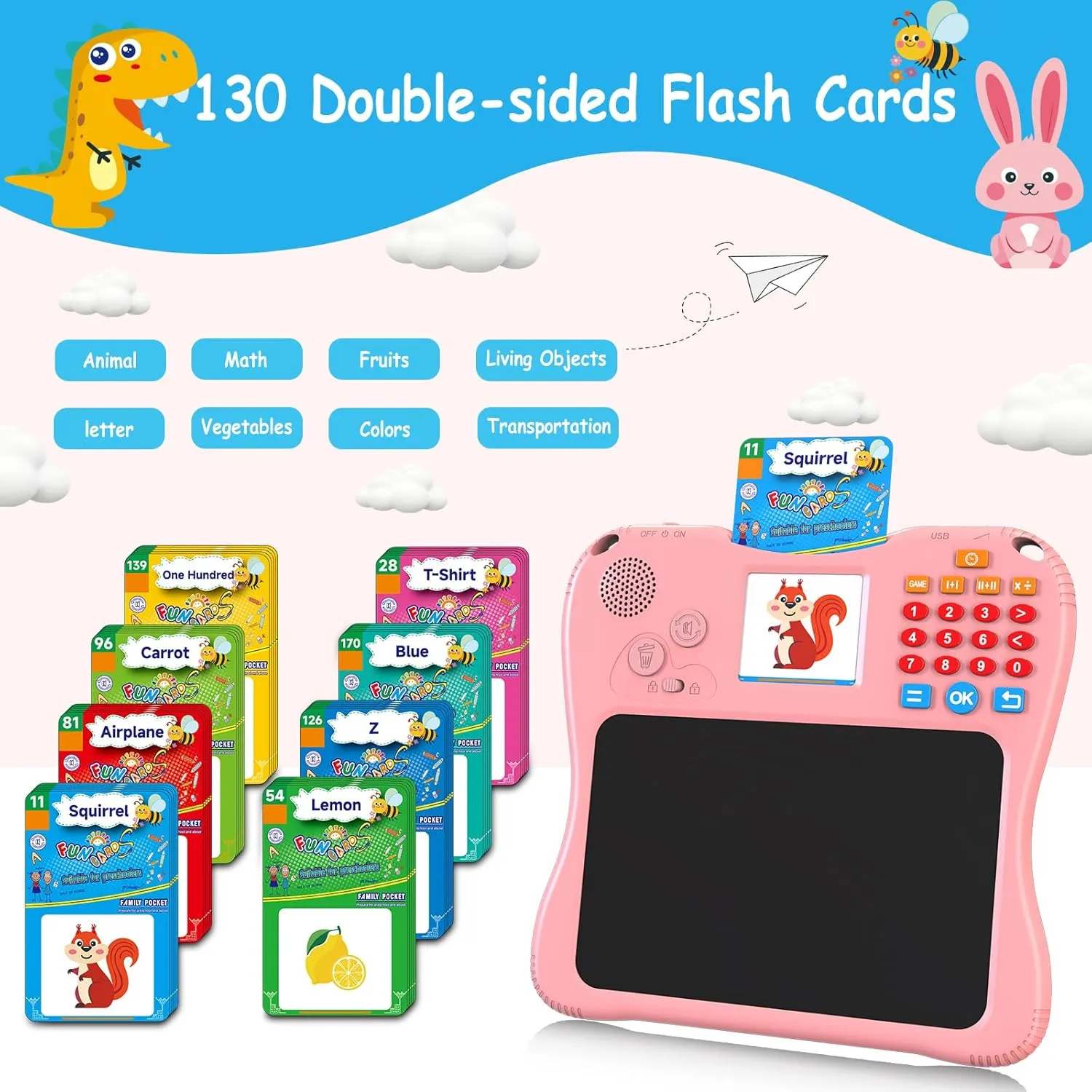 EASEGMER 3 in 1 Educational Learning Toys - 8'' Drawing Tablet and 130 Talking Flash Cards Toddler Writing Tablet and Preschool Learning Activities, Best Gift for Girls/Boys 3-12 Years