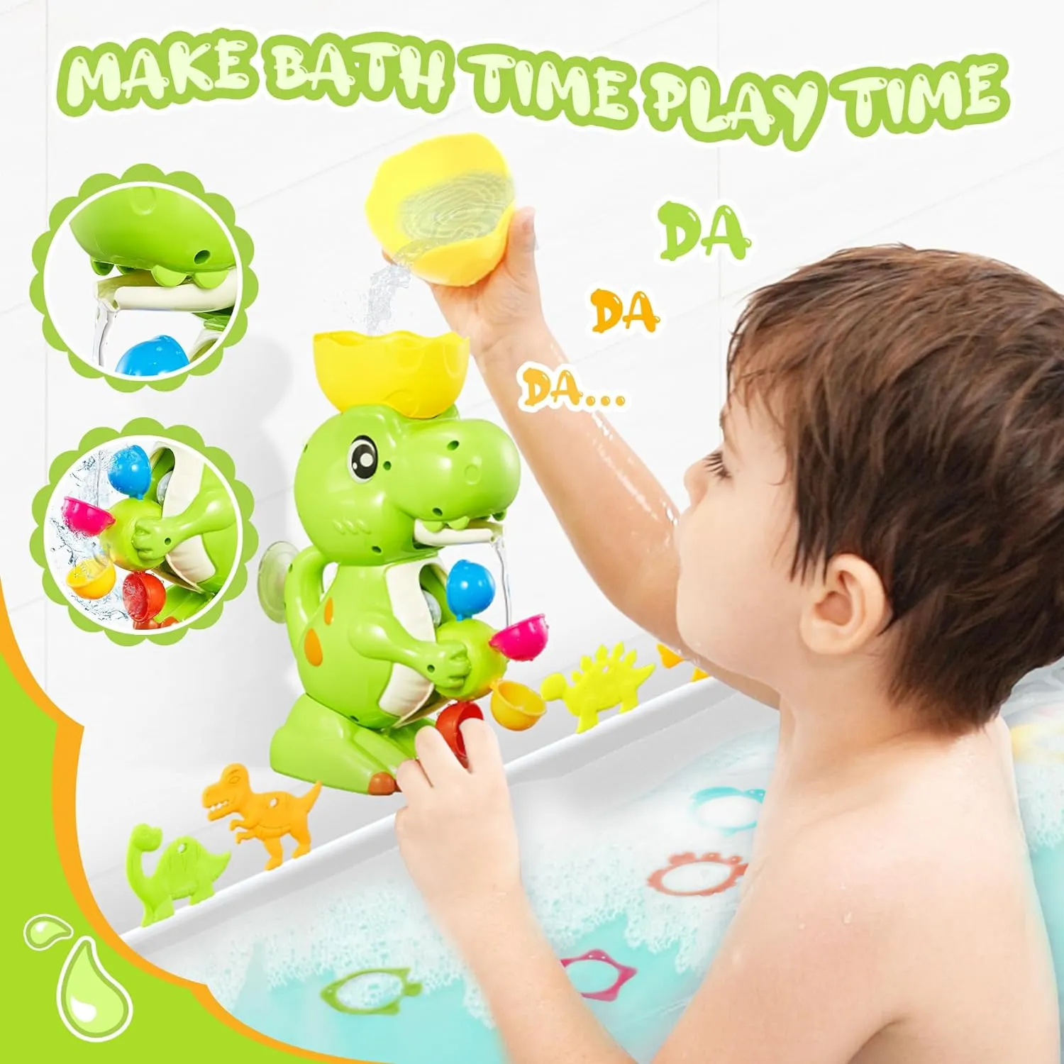 EKUEASYKU Dinosaur Bath Toys for Kids Ages 1-3 2-4 4-8 Toddler Bath Toys Whirling Waterfall Water Toys Fishing Games Bathtub Bath Time Tub Toys Girls Boys Color Movement Learning