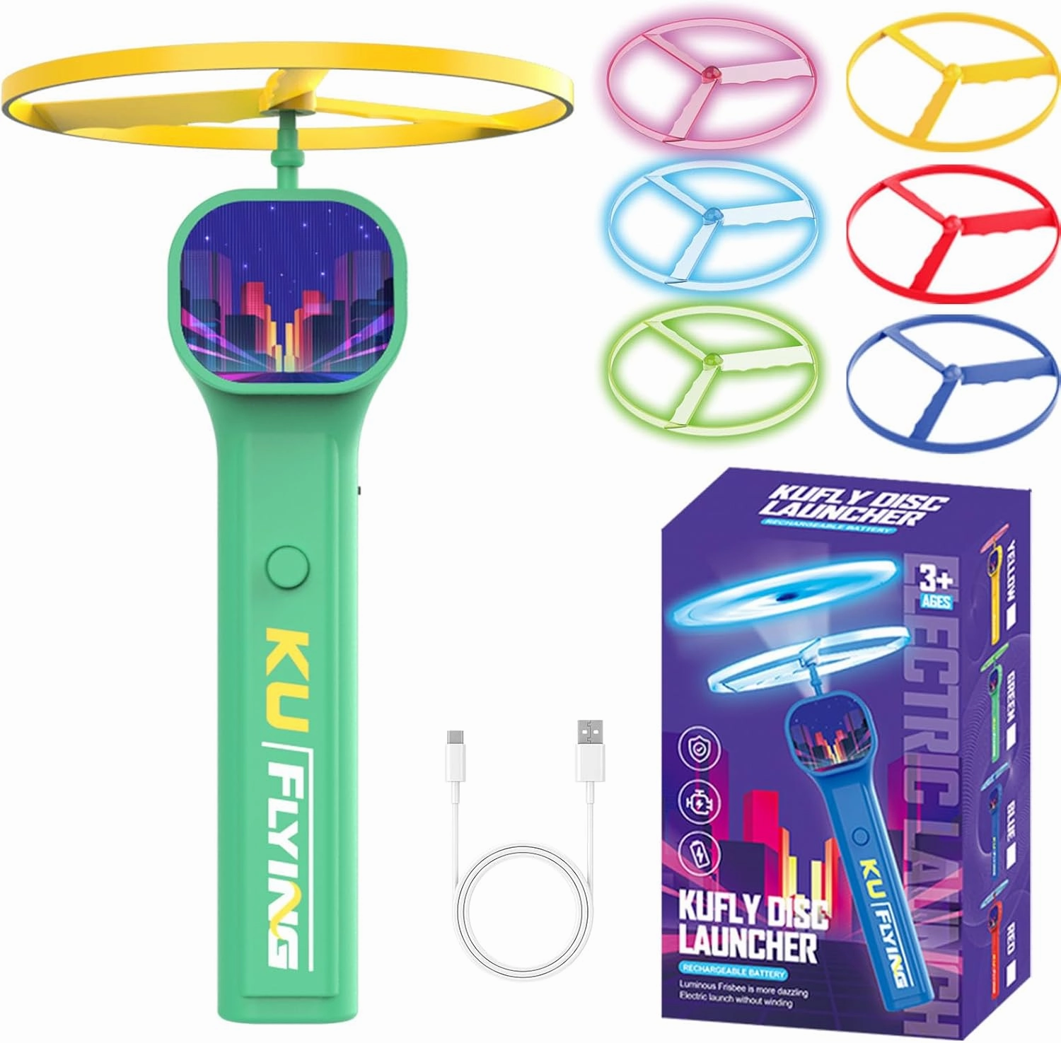 Electric Disc Launcher with 6 Flying Spinners, Glow-in-The-Dark Interactive Outdoor Flying Disc Launcher Toy for Kids & Adults,Rechargeable Spinning Fidget Toys for Endless Fun (Green)