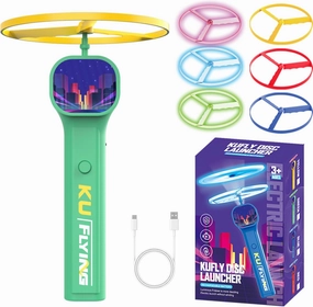 Electric Disc Launcher with 6 Flying Spinners, Glow-in-The-Dark Interactive Outdoor Flying Disc Launcher Toy for Kids & Adults,Rechargeable Spinning Fidget Toys for Endless Fun (Green)