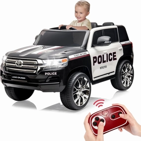 Electric Kids Ride on Police Car 2 Seater SUV, 12V Licensed Toyota Land Cruiser Battery Operated Vehicle 2.4G Remote Control, 2 Motors, 3 Speeds, LED Lights, Music for Boys and Girls, Black