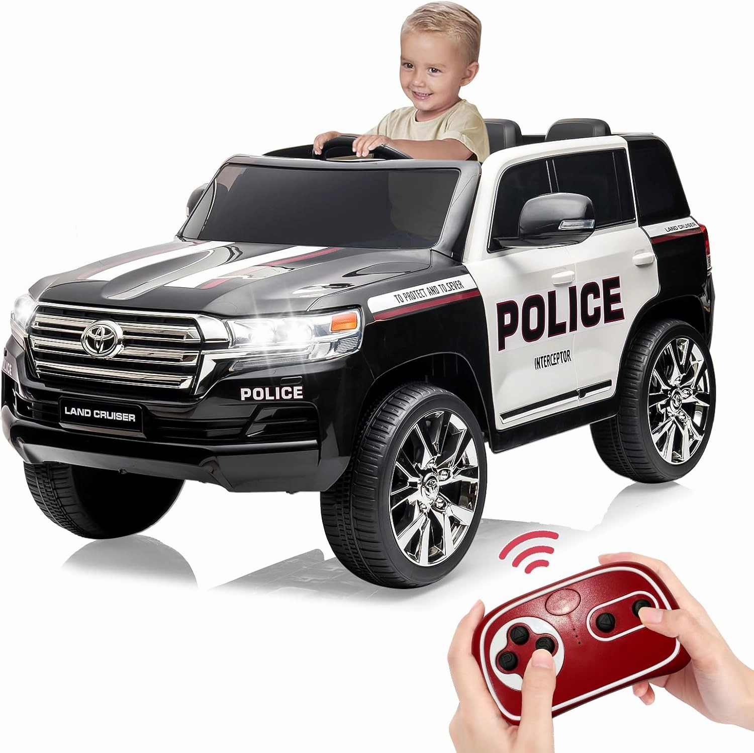 Electric Kids Ride on Police Car 2 Seater SUV, 12V Licensed Toyota Land Cruiser Battery Operated Vehicle 2.4G Remote Control, 2 Motors, 3 Speeds, LED Lights, Music for Boys and Girls, Black