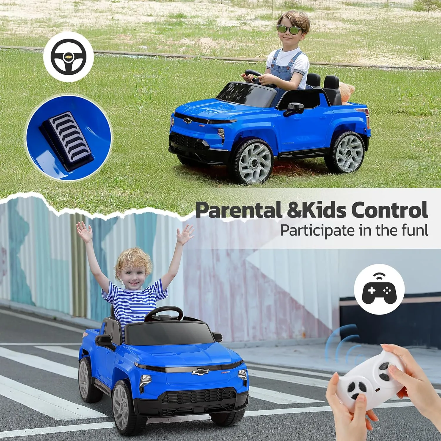 ELEMARA 12V Licensed Chevrolet Silverado Ride on Truck,Parent Controlled Ride on Cars for Kids W/2 Speed,4 MPH Max Speed,Electric Vehicle Jeep,Truck Bed Storage,Wider Seat, LED Lights,Bluetooth,Navy