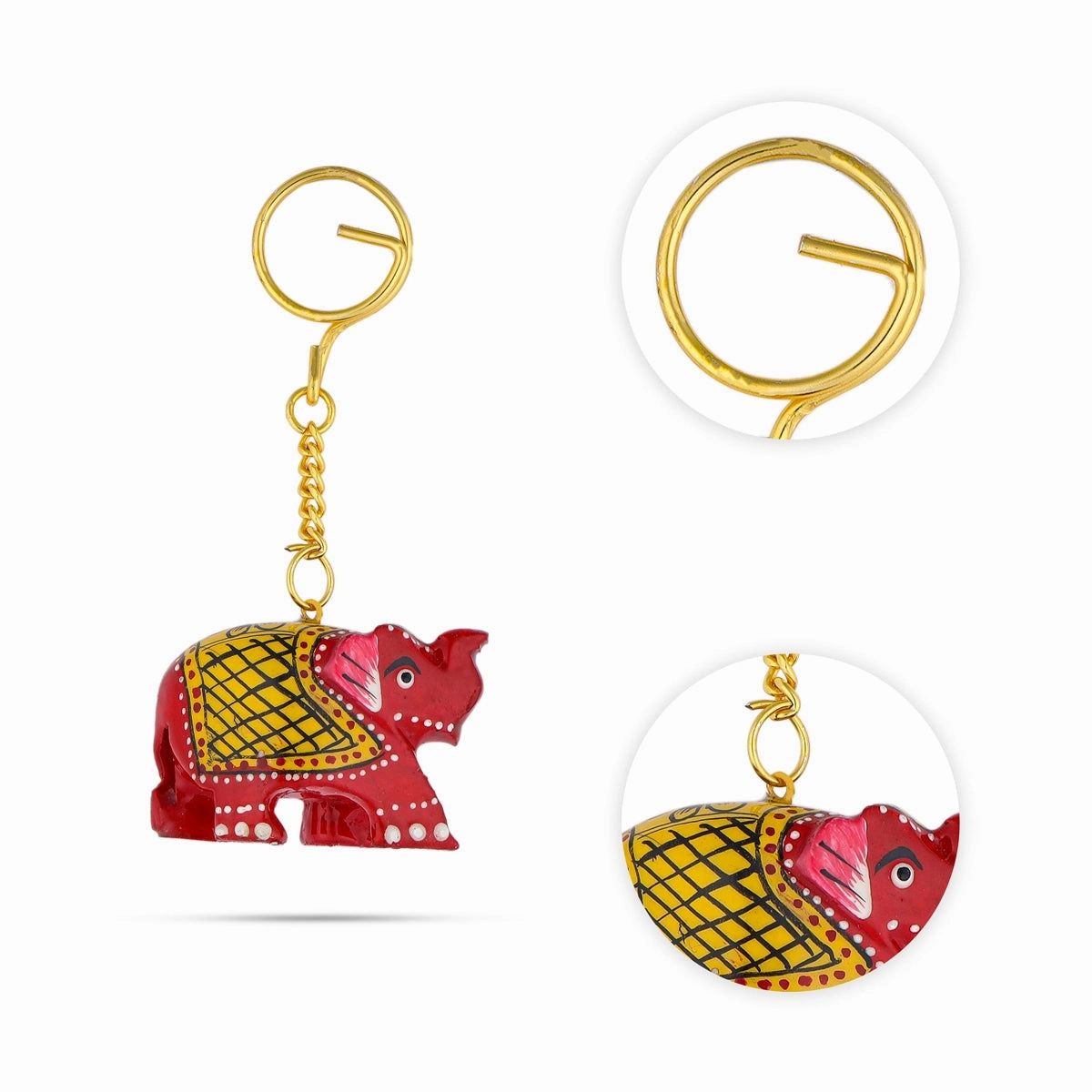 Elephant Design Key Chain - 1.5 x 2 Inches | Painted Key Holder/ Wooden Key Ring for Car And Bike