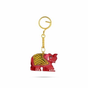 Elephant Design Key Chain - 1.5 x 2 Inches | Painted Key Holder/ Wooden Key Ring for Car And Bike