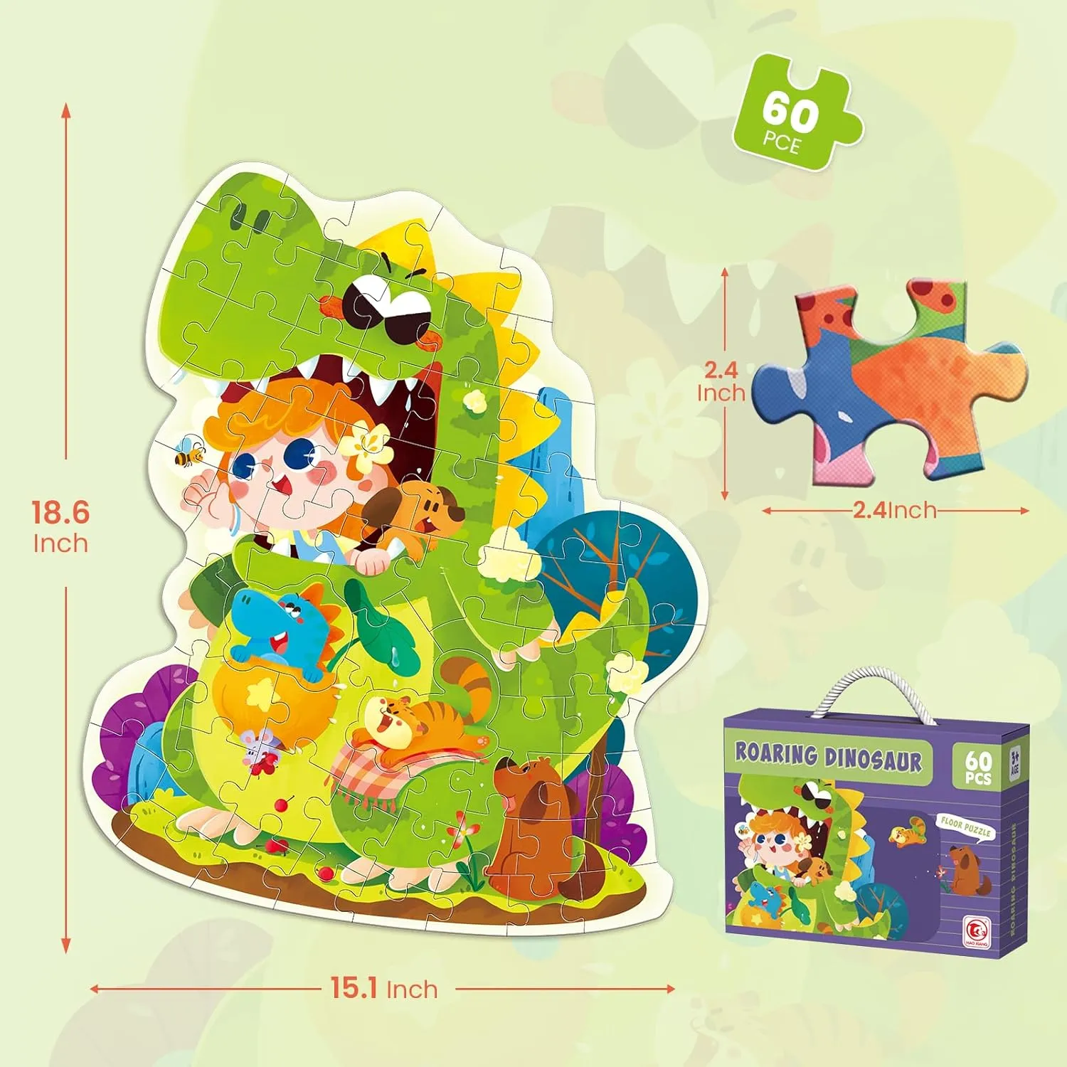 ELX 60 Piece Dinosaur Jigsaw Puzzle for Kids 3 , Large Floor Puzzle for Preschool Learning with Storage Bag, Educational Toy Gift Birthday and Christmas for Boys Girls