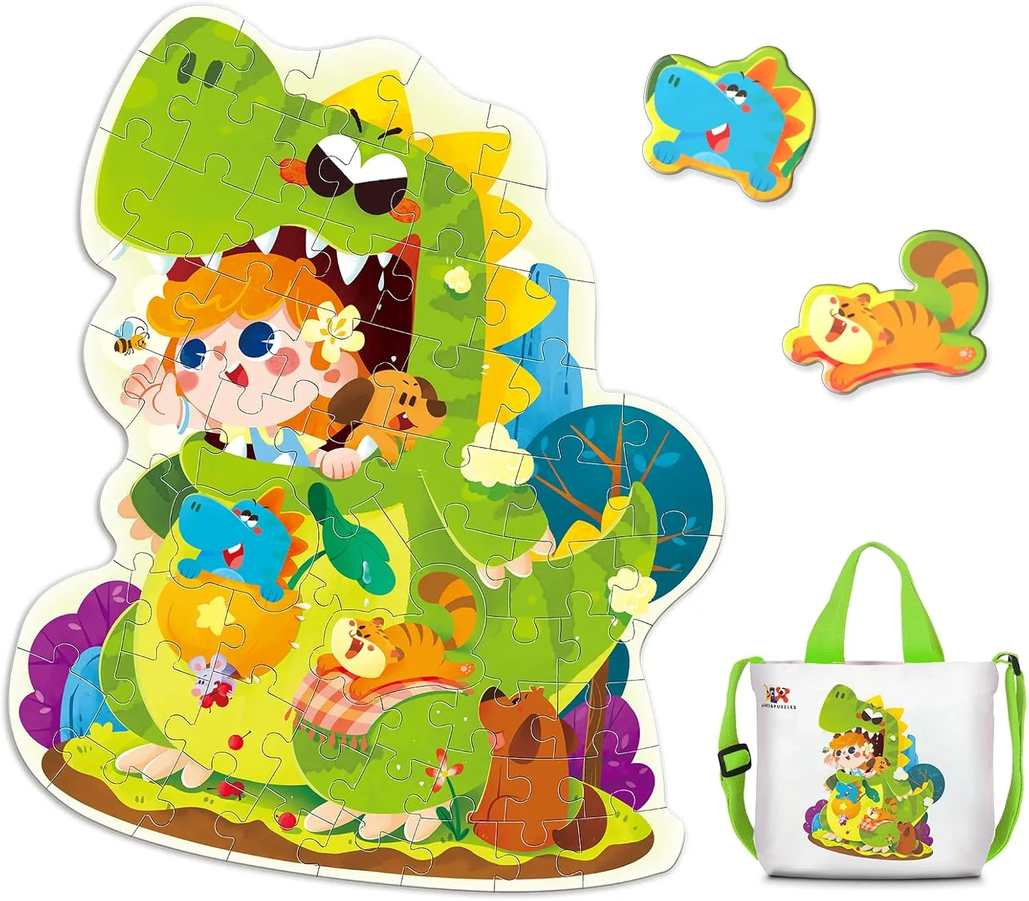 ELX 60 Piece Dinosaur Jigsaw Puzzle for Kids 3 , Large Floor Puzzle for Preschool Learning with Storage Bag, Educational Toy Gift Birthday and Christmas for Boys Girls