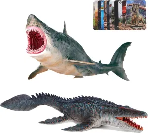 EOIVSH Megalodon & Mosasaurus Realistic Dinosaur Toys Set, Ocean Sea Monster Figures for Party Favors, Collection, Birthday Gifts