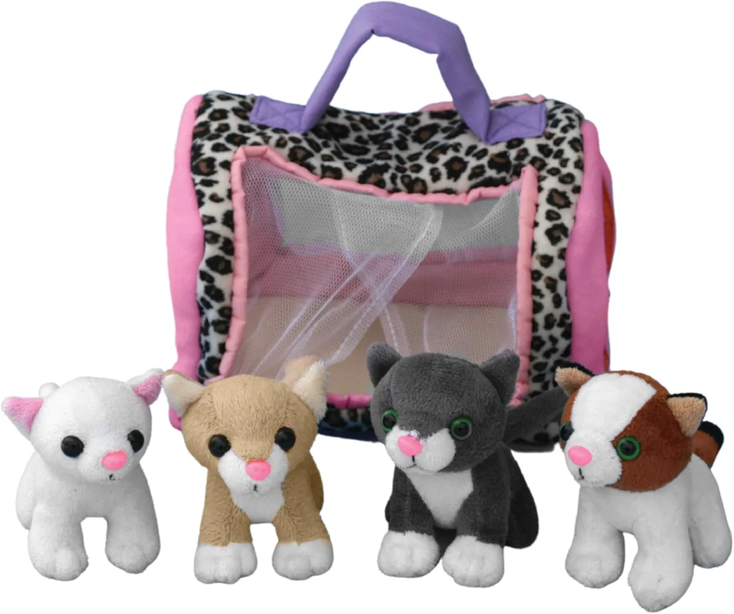 Etna Cat Play Set with Sounds – 5 Piece Set Includes 4 Small Cat Stuffed Animals Plus Carrier with Handle – These Interactive Toys are Ideal for Fun and Imaginative Play
