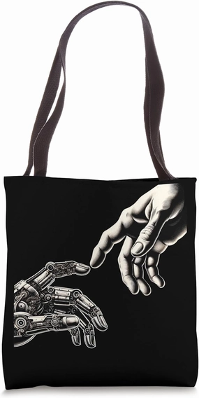 Evocative Human and Robot Hand Interaction Artwork Tote Bag