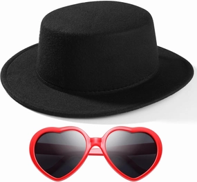 Fashion Classic Black Fedora Hats   Red Heart Sunglasses Costume Outfit - Flat Wide Brim Church Cap Jazz Hats, for Women and Men