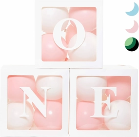 First Birthday Decorations Balloon 'ONE' Boxes for Baby Girl - 24 Balloons - Baby 1st Birthday Girl Decoration, Clear Cube Blocks 'ONE' Letters as Cake Smash Photoshoot Props Backdrop | 1 Year Old