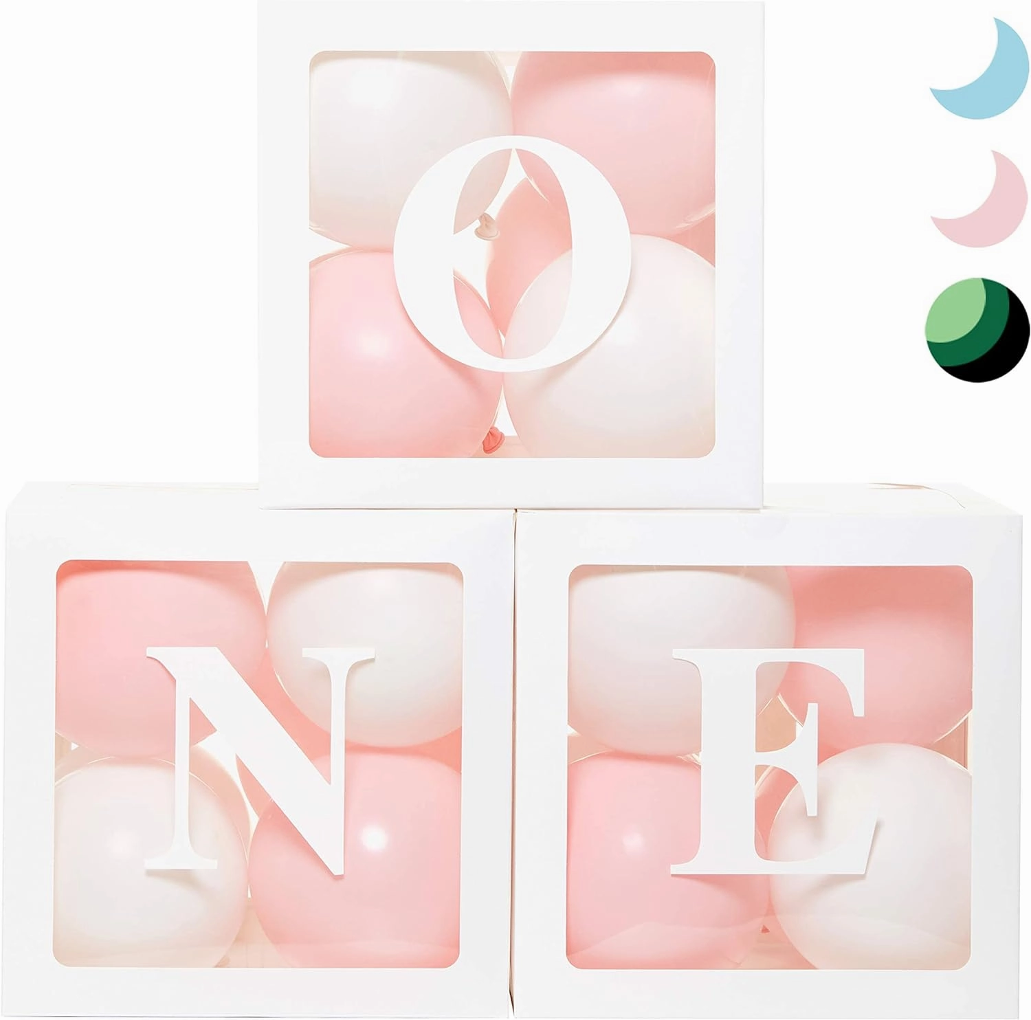 First Birthday Decorations Balloon 'ONE' Boxes for Baby Girl - 24 Balloons - Baby 1st Birthday Girl Decoration, Clear Cube Blocks 'ONE' Letters as Cake Smash Photoshoot Props Backdrop | 1 Year Old