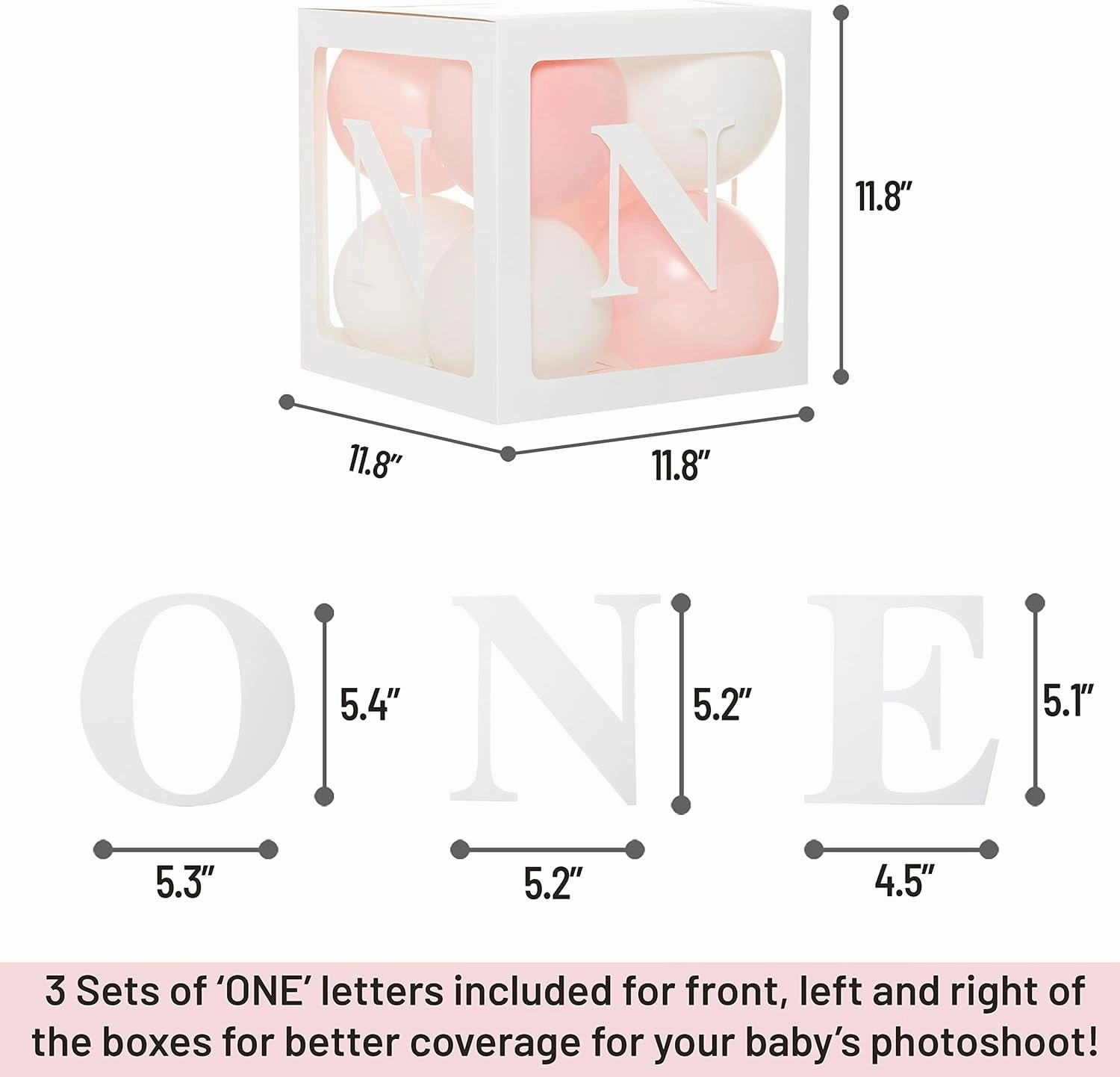First Birthday Decorations Balloon 'ONE' Boxes for Baby Girl - 24 Balloons - Baby 1st Birthday Girl Decoration, Clear Cube Blocks 'ONE' Letters as Cake Smash Photoshoot Props Backdrop | 1 Year Old