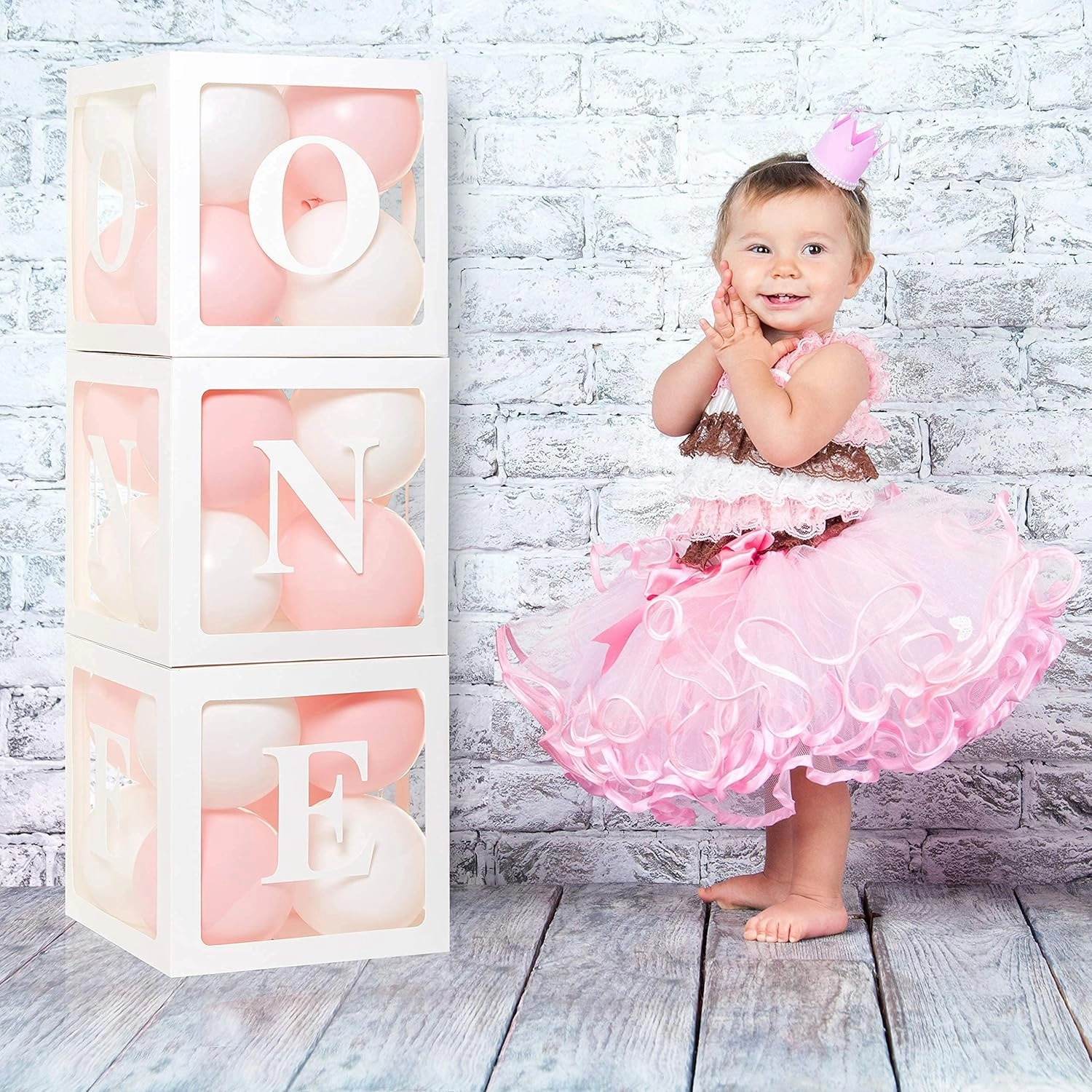 First Birthday Decorations Balloon 'ONE' Boxes for Baby Girl - 24 Balloons - Baby 1st Birthday Girl Decoration, Clear Cube Blocks 'ONE' Letters as Cake Smash Photoshoot Props Backdrop | 1 Year Old