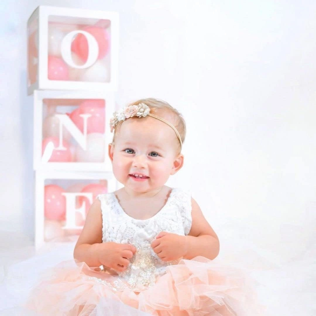 First Birthday Decorations Balloon 'ONE' Boxes for Baby Girl - 24 Balloons - Baby 1st Birthday Girl Decoration, Clear Cube Blocks 'ONE' Letters as Cake Smash Photoshoot Props Backdrop | 1 Year Old