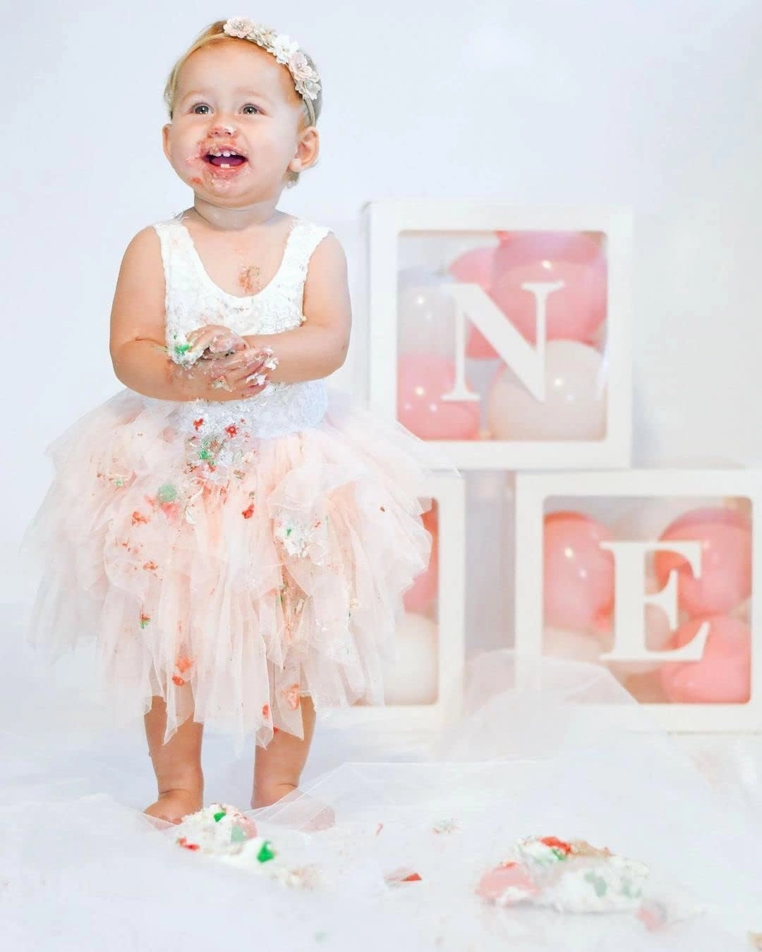 First Birthday Decorations Balloon 'ONE' Boxes for Baby Girl - 24 Balloons - Baby 1st Birthday Girl Decoration, Clear Cube Blocks 'ONE' Letters as Cake Smash Photoshoot Props Backdrop | 1 Year Old