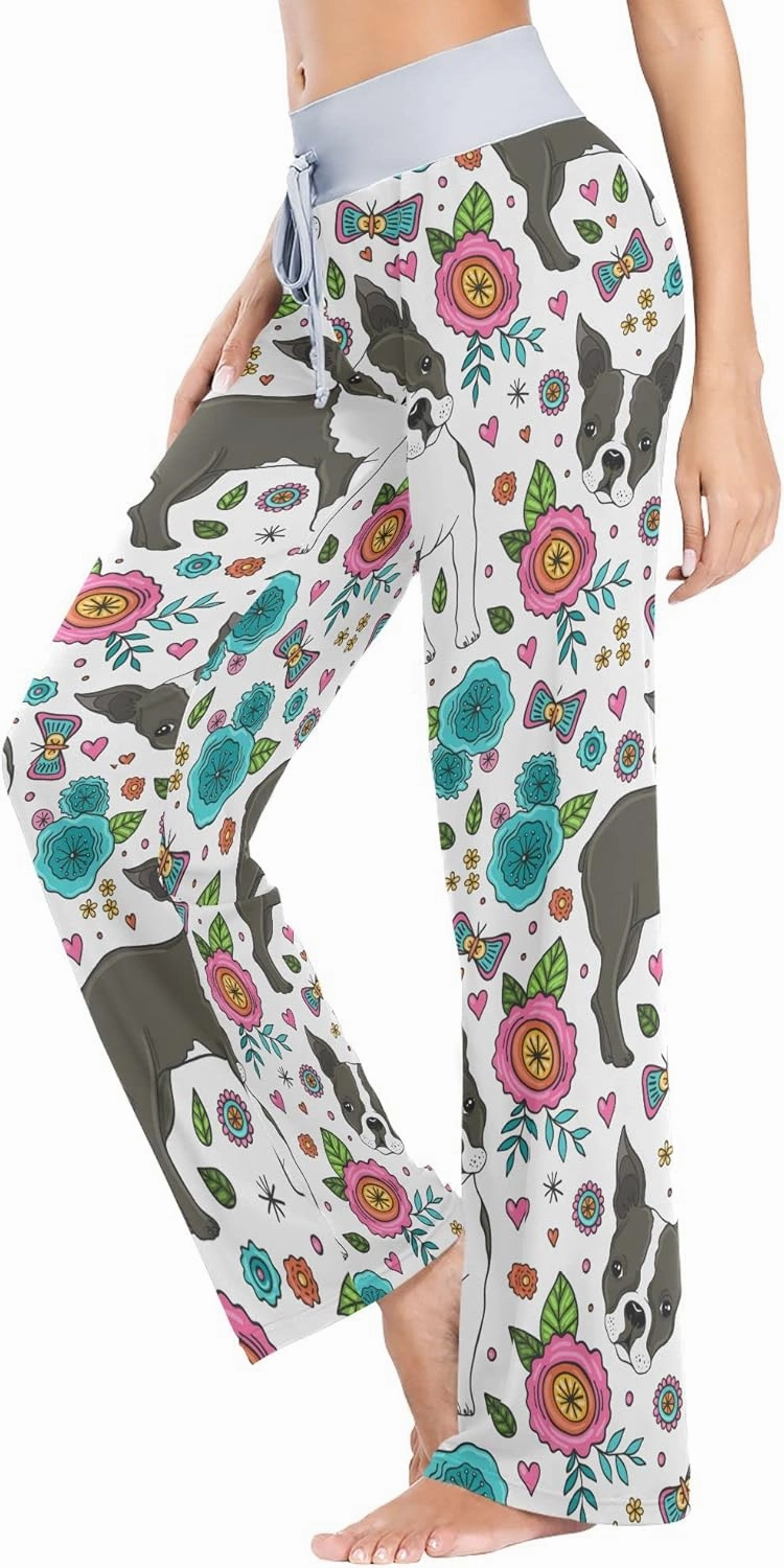 Fisyme Dog Boston Terrier Flowers Pajama Pants for Women Pjs Bottoms Drawstring Wide Leg Yoga Sweat Pants
