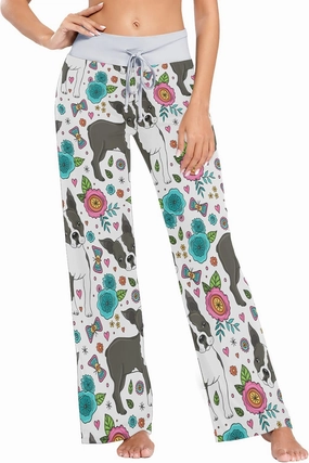 Fisyme Dog Boston Terrier Flowers Pajama Pants for Women Pjs Bottoms Drawstring Wide Leg Yoga Sweat Pants