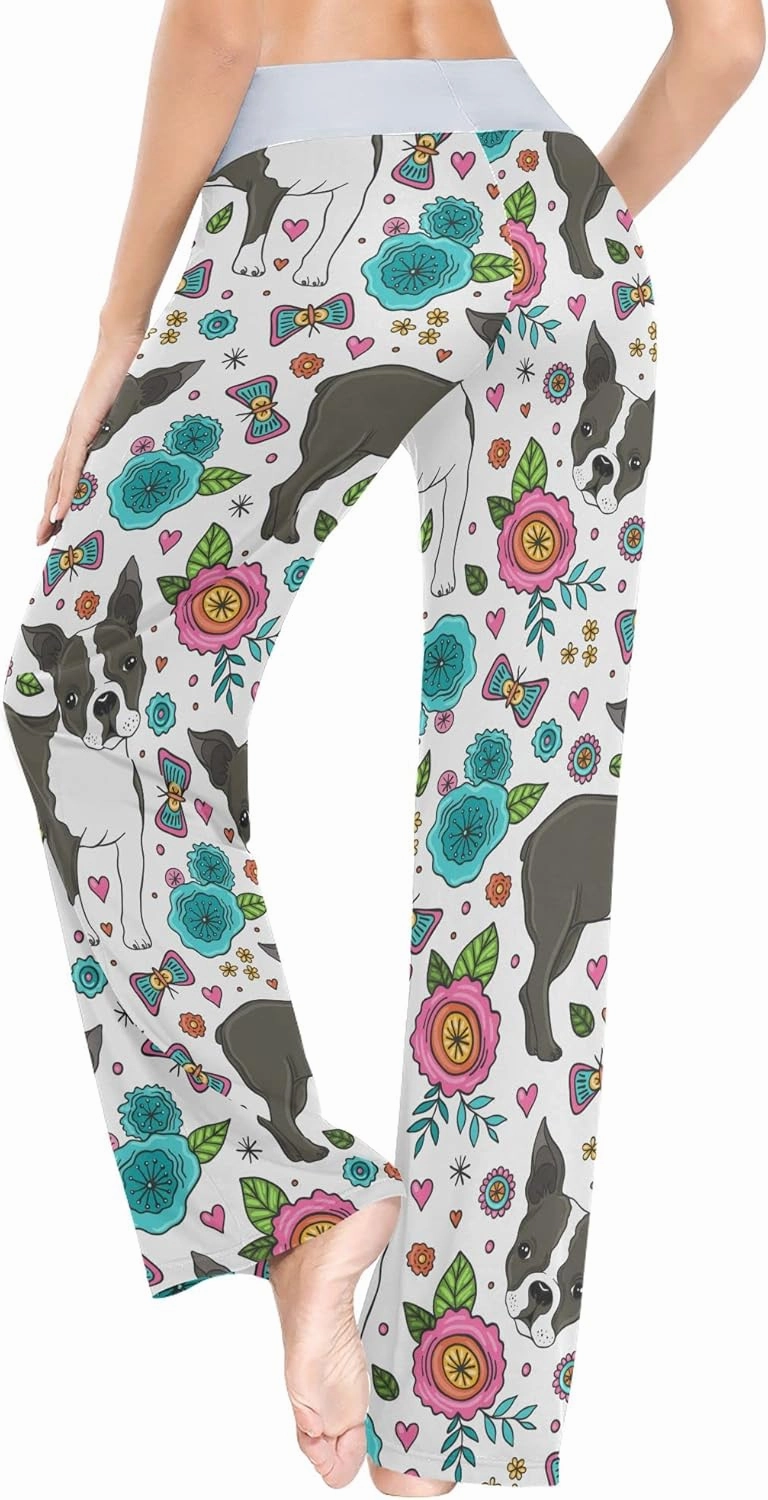 Fisyme Dog Boston Terrier Flowers Pajama Pants for Women Pjs Bottoms Drawstring Wide Leg Yoga Sweat Pants