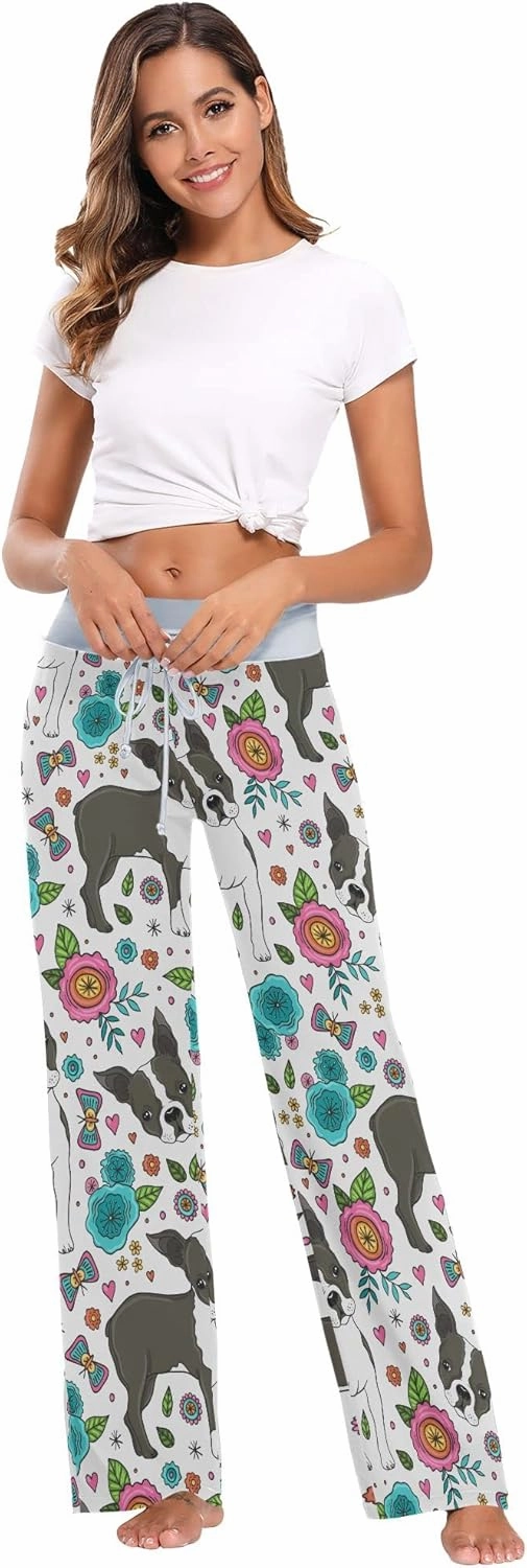 Fisyme Dog Boston Terrier Flowers Pajama Pants for Women Pjs Bottoms Drawstring Wide Leg Yoga Sweat Pants