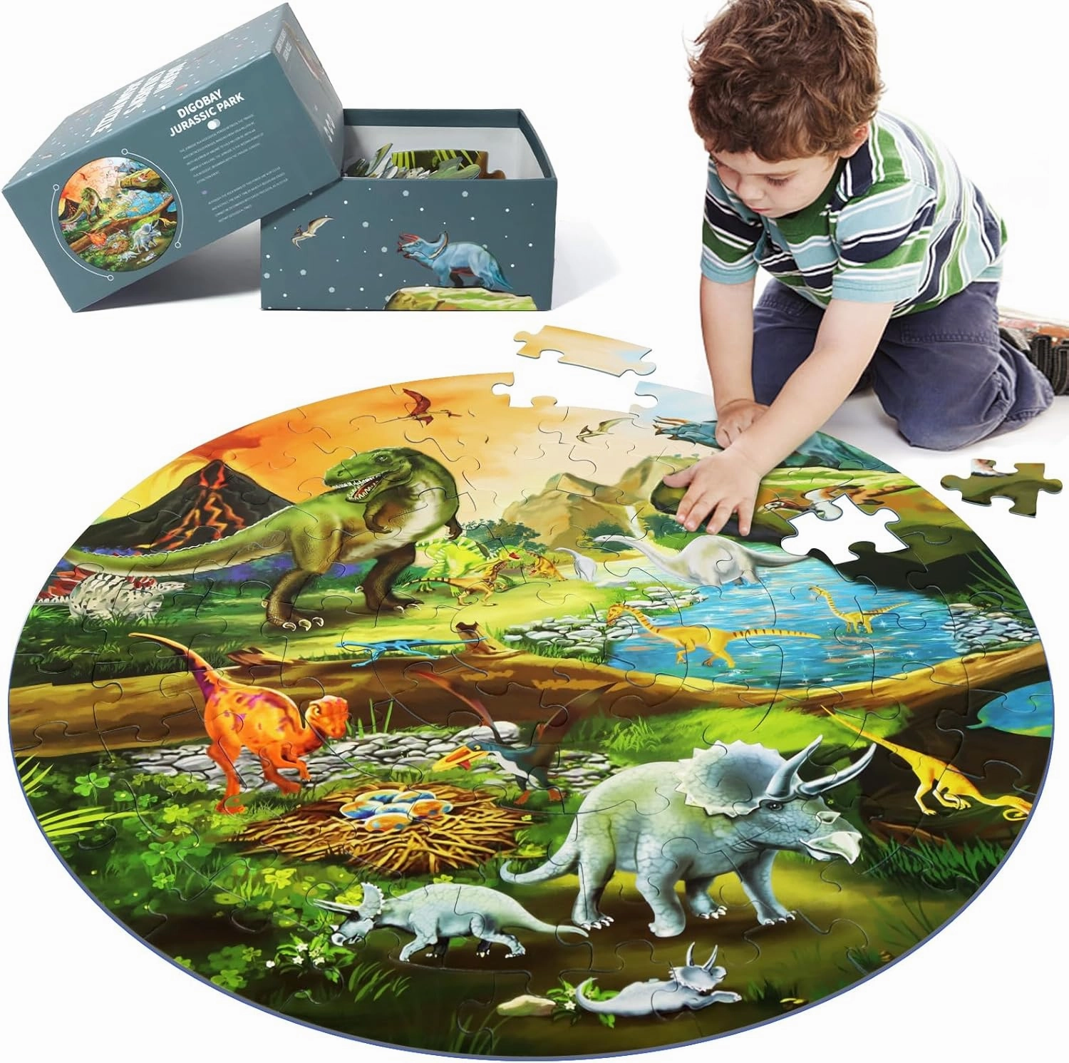 Floor Puzzles for Kids Ages 3-8, 70 Piece Dinosaur Jigsaw Puzzle for Kids Ages 3  Year Old Large Round Toddler Puzzles Preschool Learning Educational Toys Gift for Boys Girls (Tyrannosaurus)