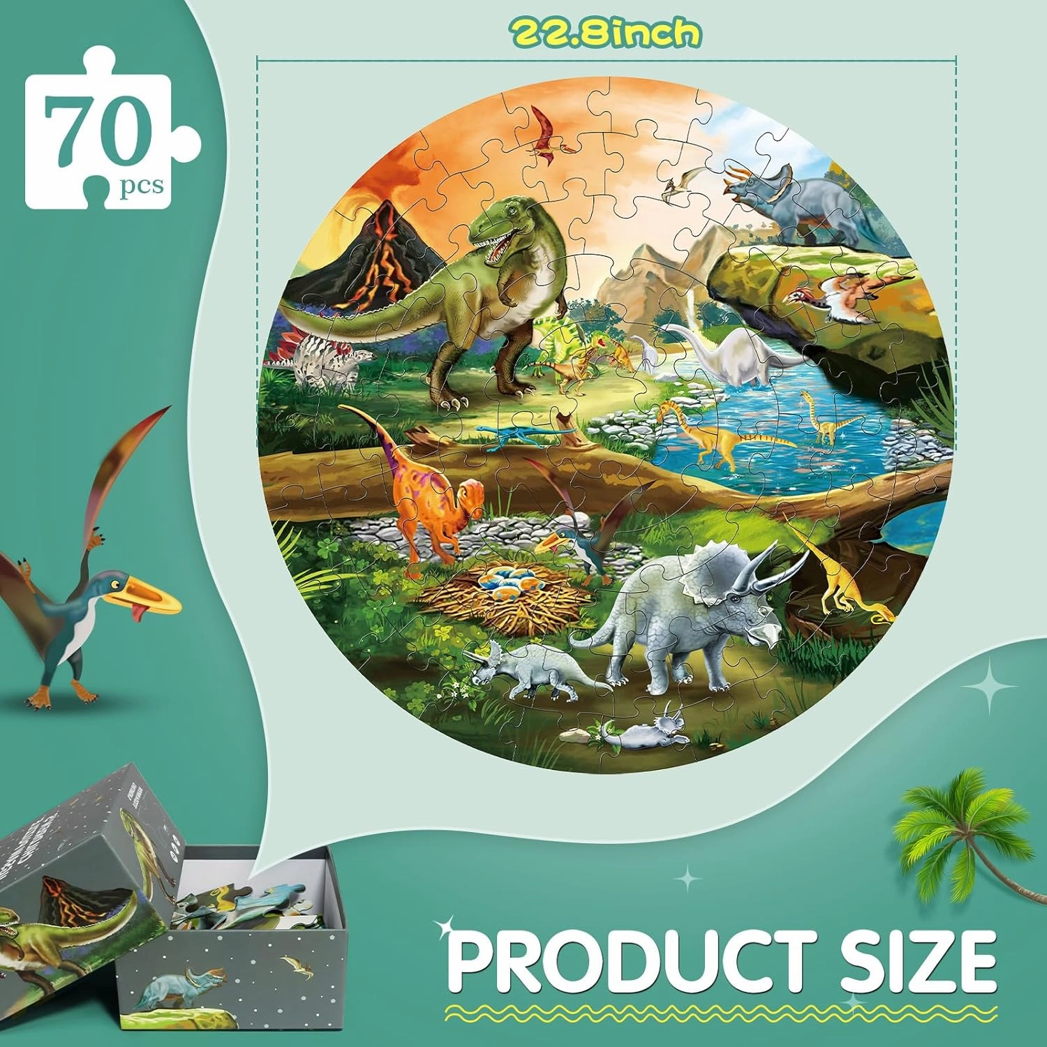 Floor Puzzles for Kids Ages 3-8, 70 Piece Dinosaur Jigsaw Puzzle for Kids Ages 3  Year Old Large Round Toddler Puzzles Preschool Learning Educational Toys Gift for Boys Girls (Tyrannosaurus)