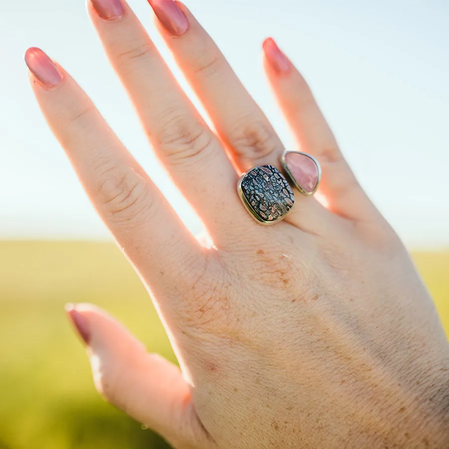 Fossilized Pink Dinosaur & Tourmaline Double Ring