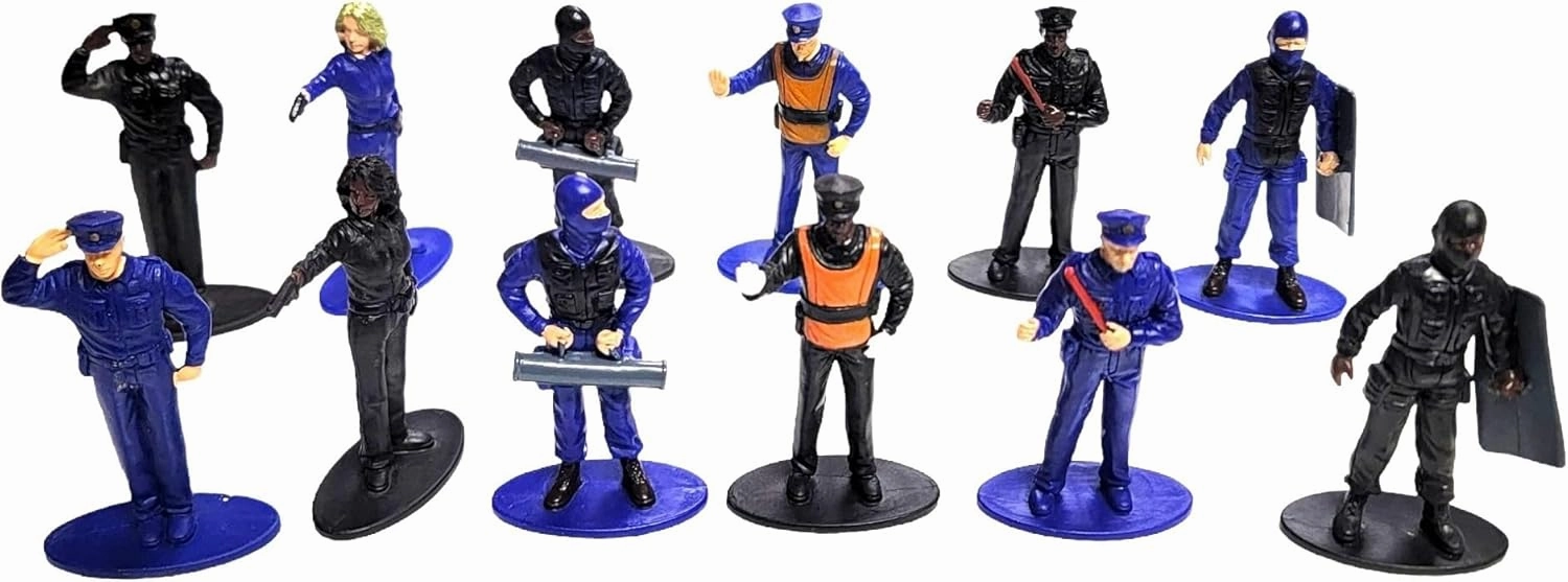 Free Standing Blue and Black Toy Police Figures (2.5") Plastic. Miniature Collection: Swat, Riot Gear, Patrol, Traffic, Breaking in, Point Blank Shooting, Female Officer. (6 Blue   6 Black, 12, Pack)