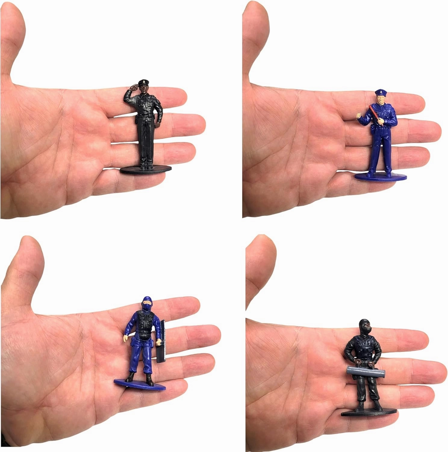 Free Standing Blue and Black Toy Police Figures (2.5") Plastic. Miniature Collection: Swat, Riot Gear, Patrol, Traffic, Breaking in, Point Blank Shooting, Female Officer. (6 Blue   6 Black, 12, Pack)