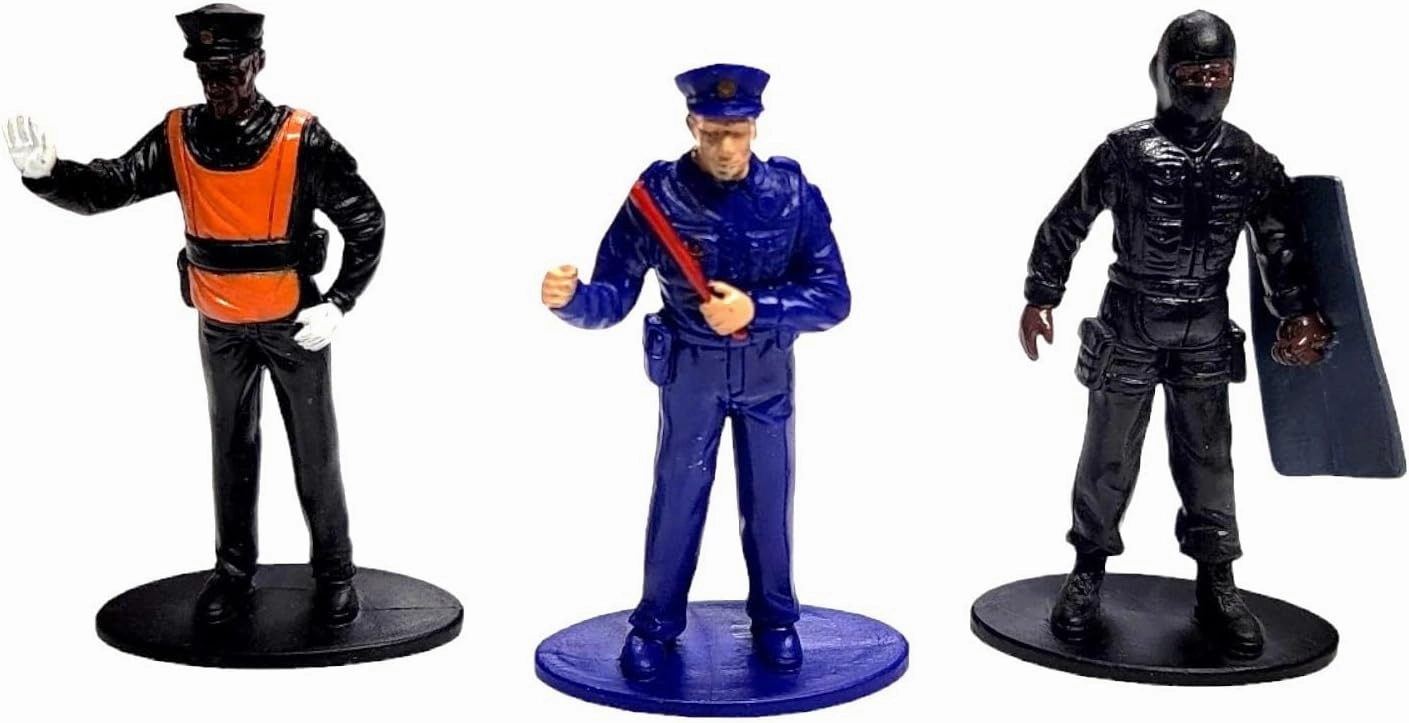 Free Standing Blue and Black Toy Police Figures (2.5") Plastic. Miniature Collection: Swat, Riot Gear, Patrol, Traffic, Breaking in, Point Blank Shooting, Female Officer. (6 Blue   6 Black, 12, Pack)